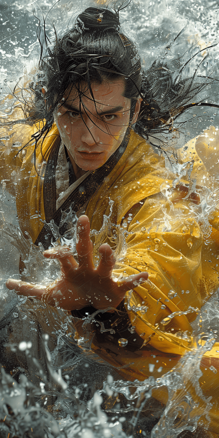 AI generated: A young warrior in ancient China with black hair and wearing yellow Hanfu is fighting on the sea und...