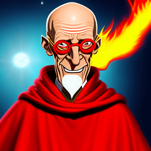 AI generated: professor  Farnsworth, realistic, dressed in red robes covered in mystic symbols stars and moons, ba...