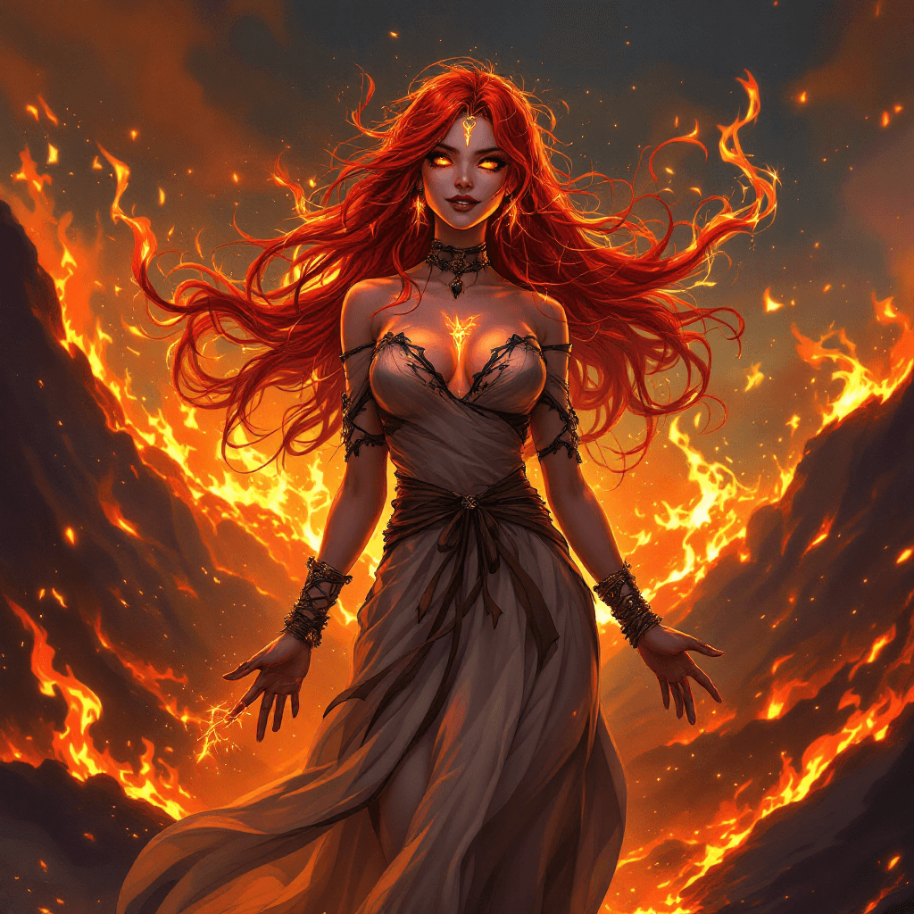 AI generated: 15. The Volcanic Pyromancer: A passionate and powerful sorceress with long, flowing, vibrant red hai...