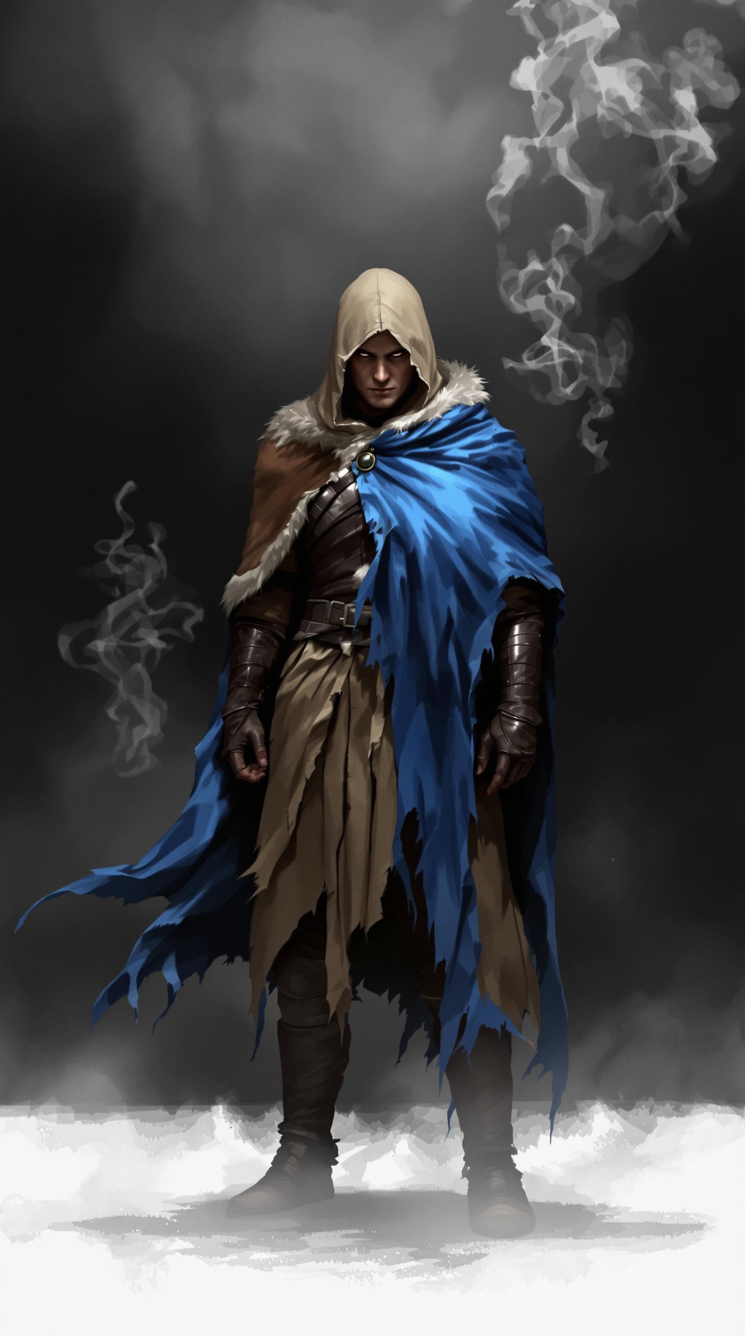 AI generated: A digital painting depicts a character standing centrally in an intense pose. The figure wears a bei...