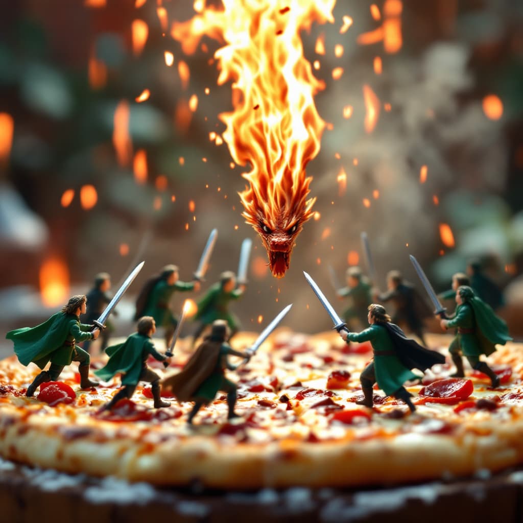 AI generated: tiny 10 men fighting with swords above a pizza , 5 men wearing green and the other 5 wearing black a...