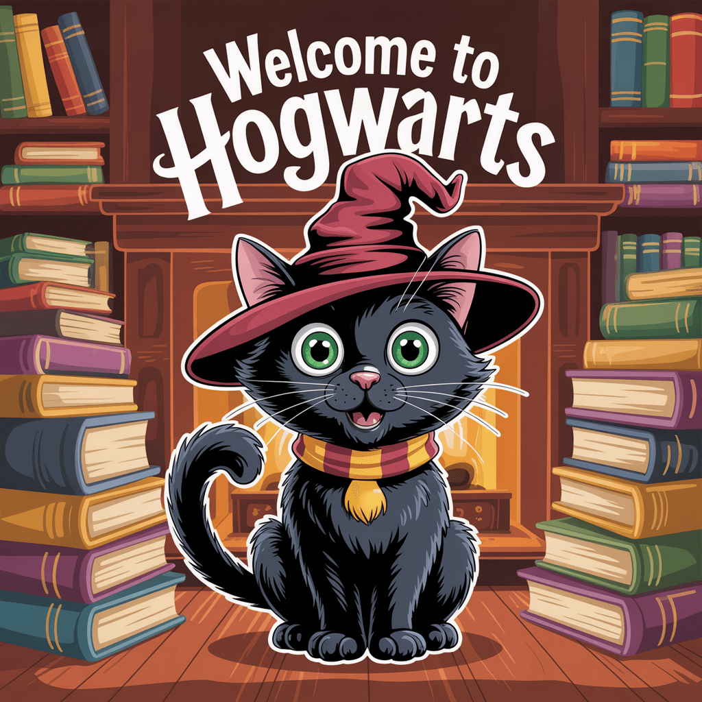 AI generated: Black cartoon cat wearing a harry
Potter sorting hat