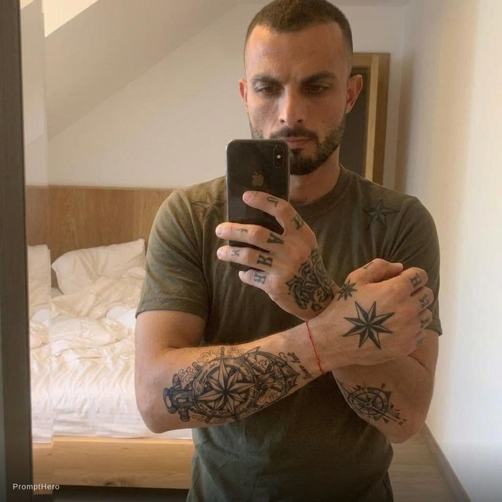 AI generated: Arms crossed in front of him, tattoos on his fingers and Russian thieves' stars to understand