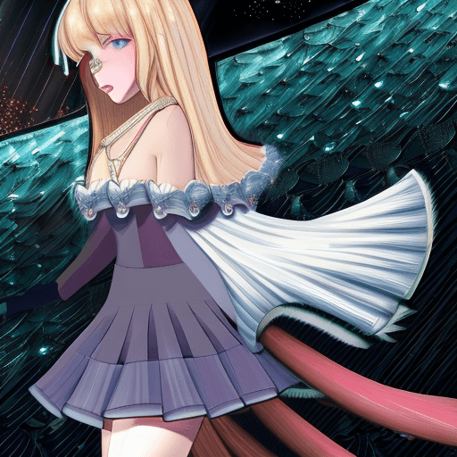 AI generated: (blonde hair, blue eyes, cape, capelet, claws, cleavage, cloak, frilled skirt, garter belt, garter s...