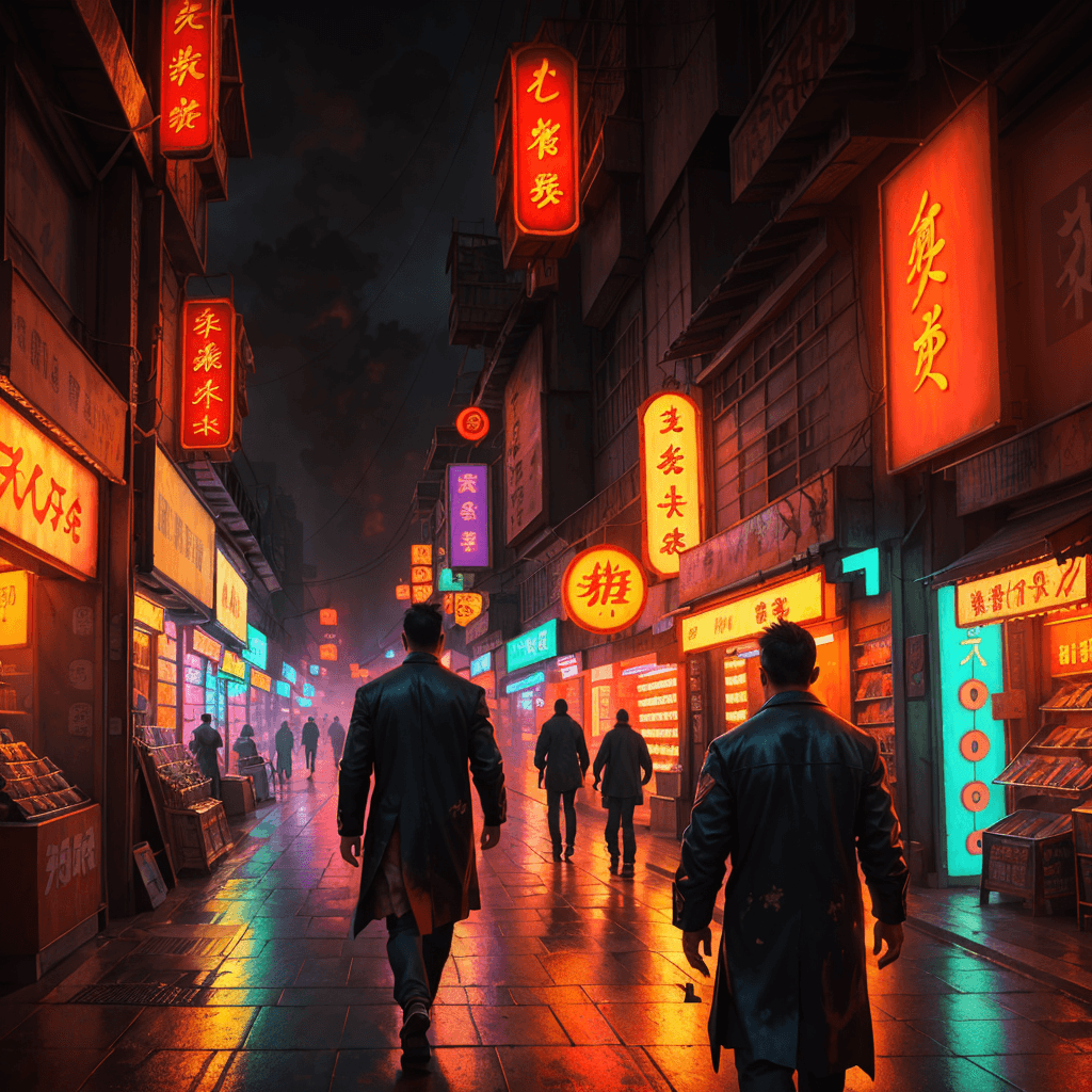 AI generated: a beautiful street shot of a neon lit, oriental city with shops and advertisements, a man is walking...