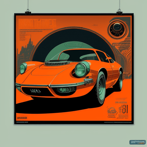 AI generated: highly detailed infographic poster of orange retrofuturism car on mint background found in popular m...