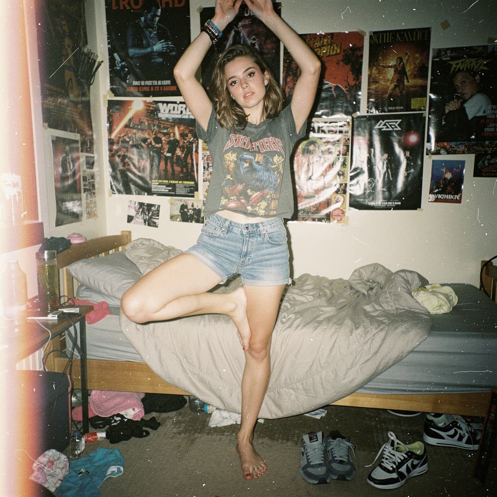 AI generated: Grungy early-2000s lo-fi disposable flash snapshot in a messy bedroom with posters and scattered clo...
