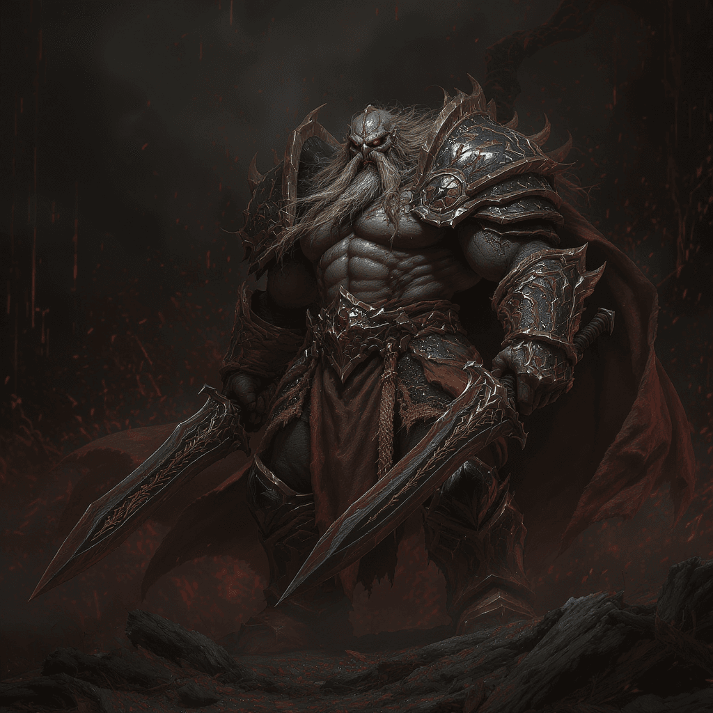AI generated: the world of warcraft image of a large viking character with swords, in the style of dark bronze and...