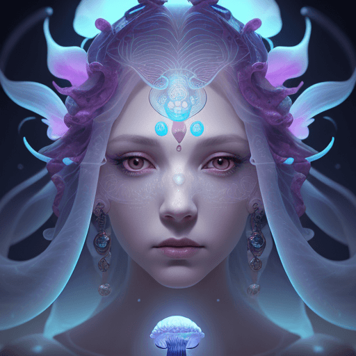 AI generated: Goddess close-up portrait ribcagel. jellyfish phoenix head, nautilus, orchid, skull, betta fish, bio...
