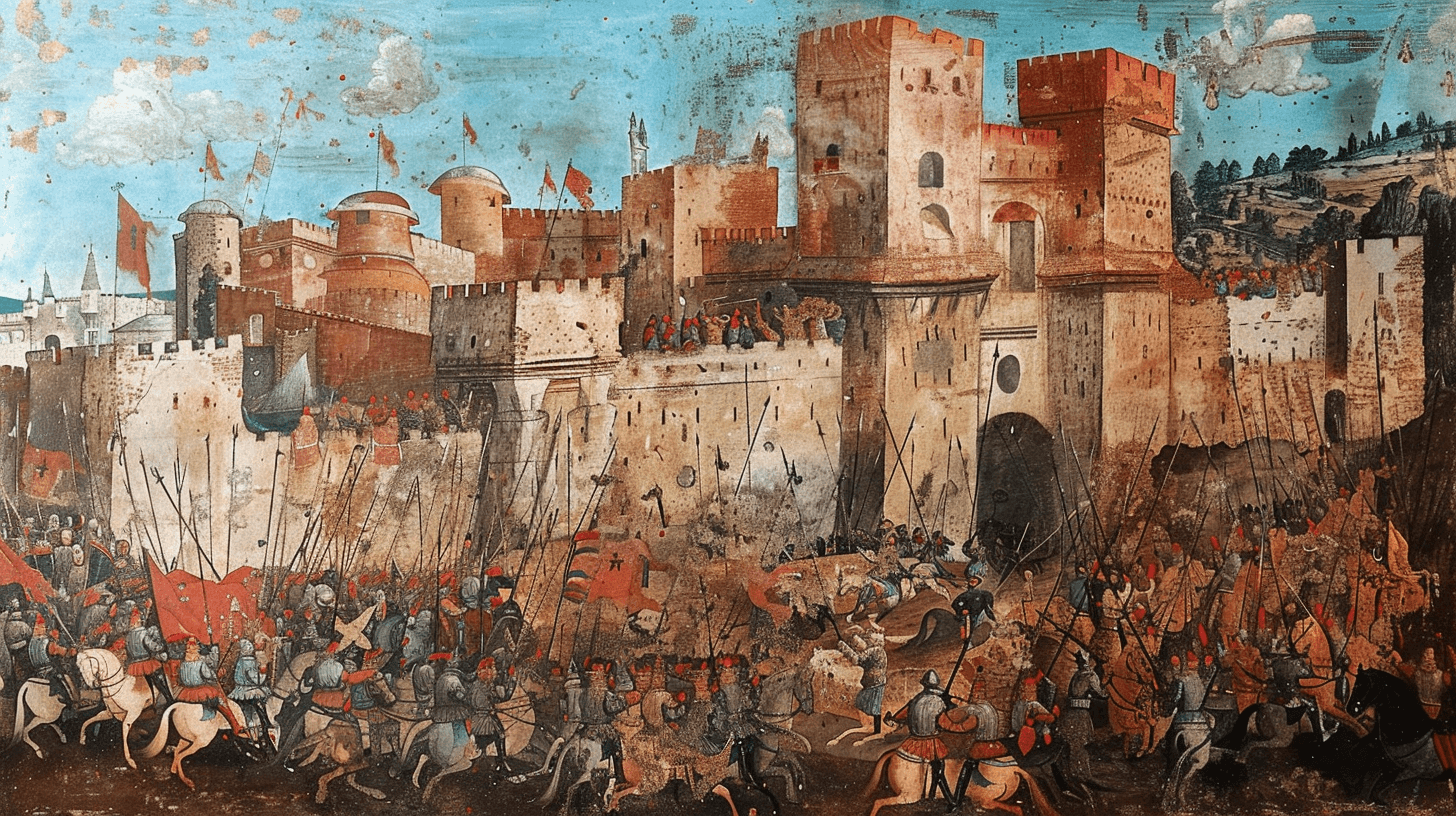 AI generated: a siege of a castle in medieval ages painting in style of piero della francesca