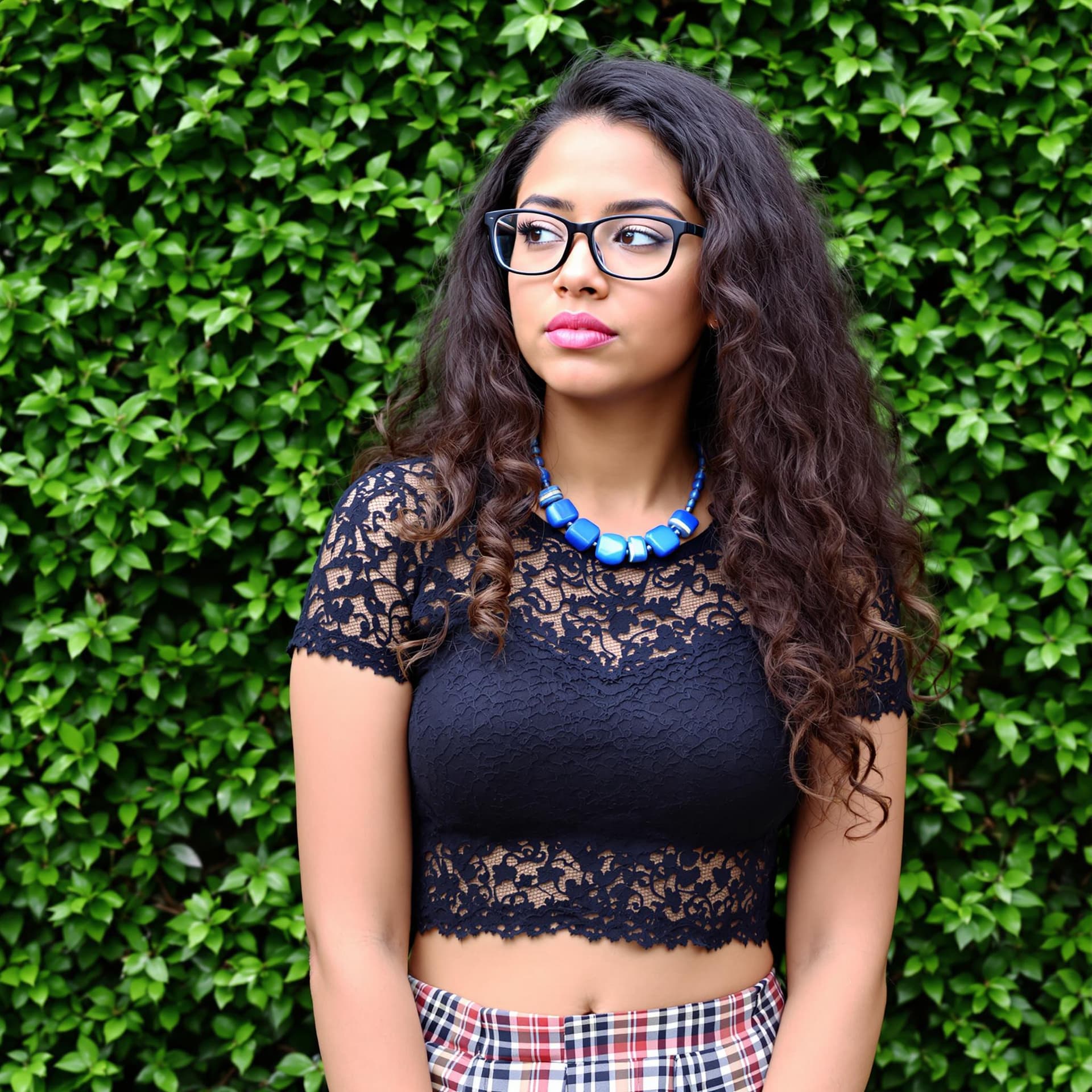 AI generated: The image is a portrait of a young woman with long curly hair. She is wearing a black lace crop top ...