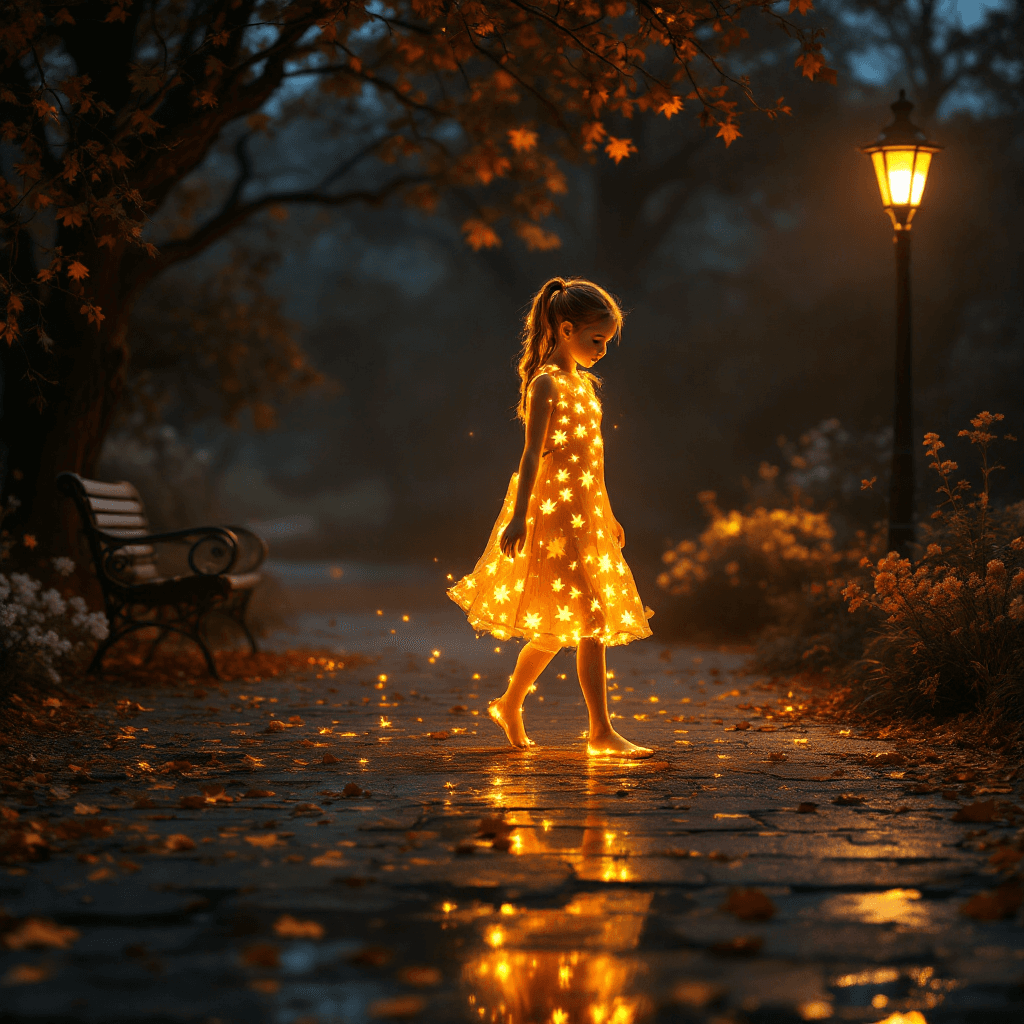 AI generated: A glowing, ethereal young girl made of light walks barefoot across a reflective surface, her radiant...