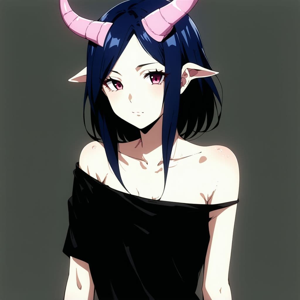 AI generated: Anime Half body of dark blue haired girl with pink horns and goat ears wearing black shoulder less s...