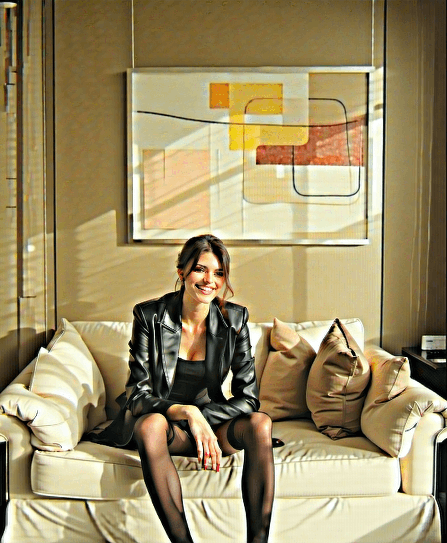 AI generated: cheeky smile, black leather blazer and mini skirt , pantyhose, she sitting and flirting with turkish...