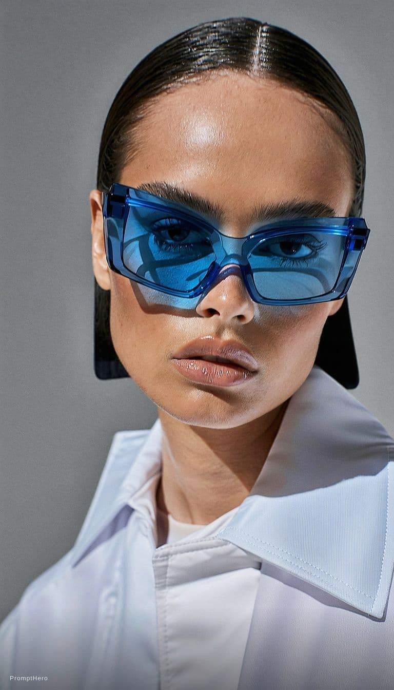 AI generated: Fashion shoot, Jacquemus and Moncler collaboration: dark blue translucent futuristic sunglasses, hyp...