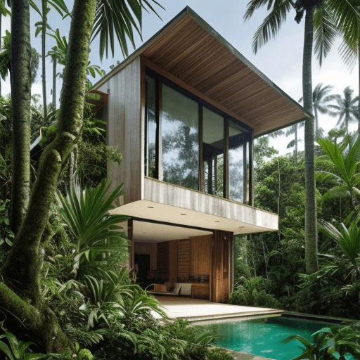 AI generated: A beautiful house in tropical modernism style inside of a forest and full of trees and plants and se...
