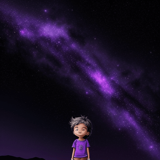 AI generated: cute. cartoon. child. background of purple galaxy sky and beautiful. youthful.