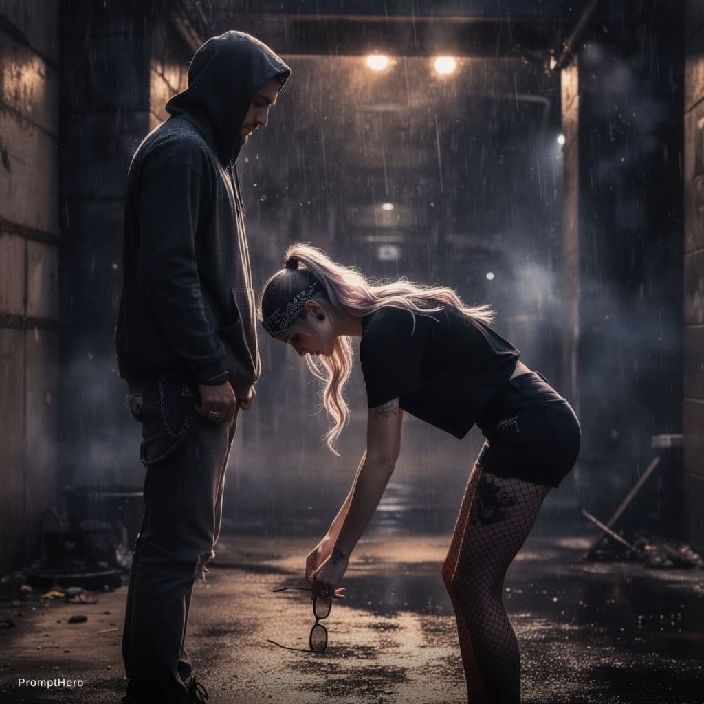 AI generated: She is bending over in front of him to pick up her sunglasses, side view
