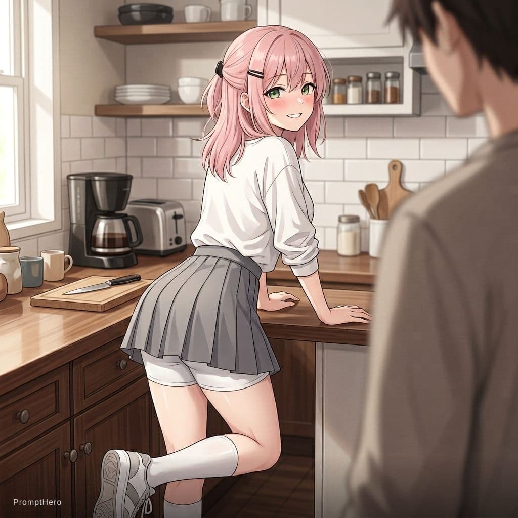 AI generated: 18 years old anime girl, green eyes ,pink hair, smiling,blush,pale skin,small mouth,smoth skin,fit b...