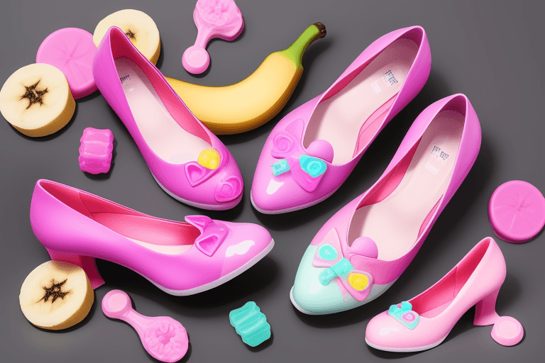 AI generated: Create a Melissa pair of shoe with the Fini candy aesthetic, it must be very fun and colorful. Use t...