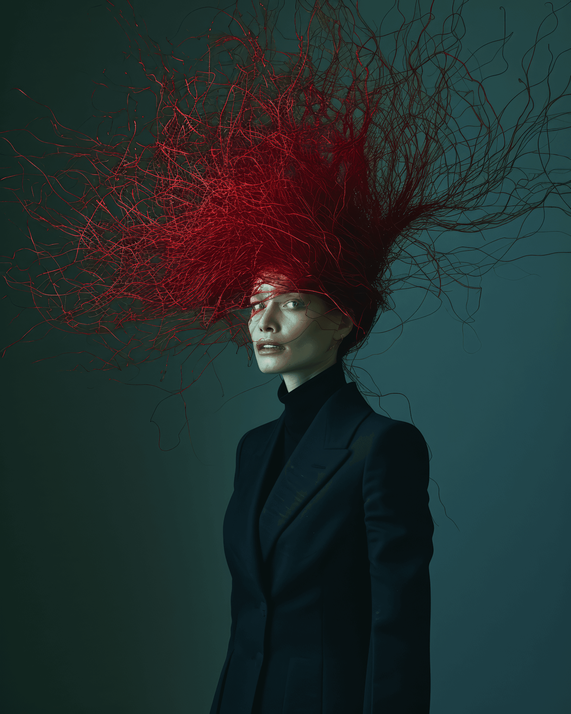 AI generated: swedish hairdresser mara senilin in a dark suit that is blown up, in the style of red threads, natur...
