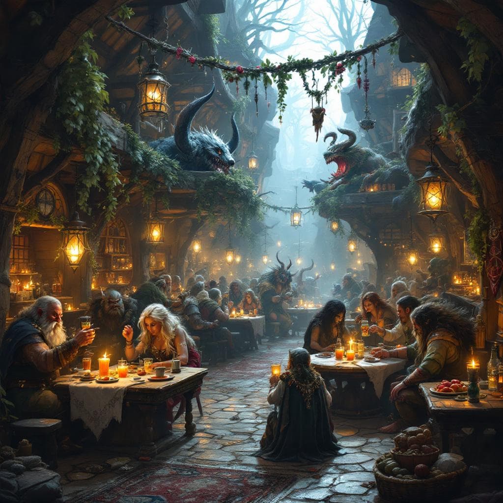 AI generated: A high fantasy tavern filled with dwarves, elves, and magical creatures in mid-revelry