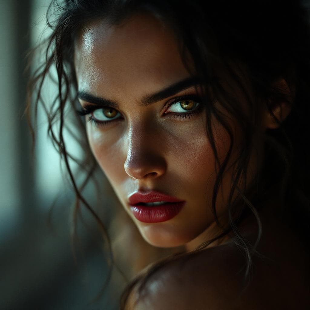 AI generated: Beautiful fierce-looking woman, three-quarter view turn, intense eyes full of power and emotion, sli...