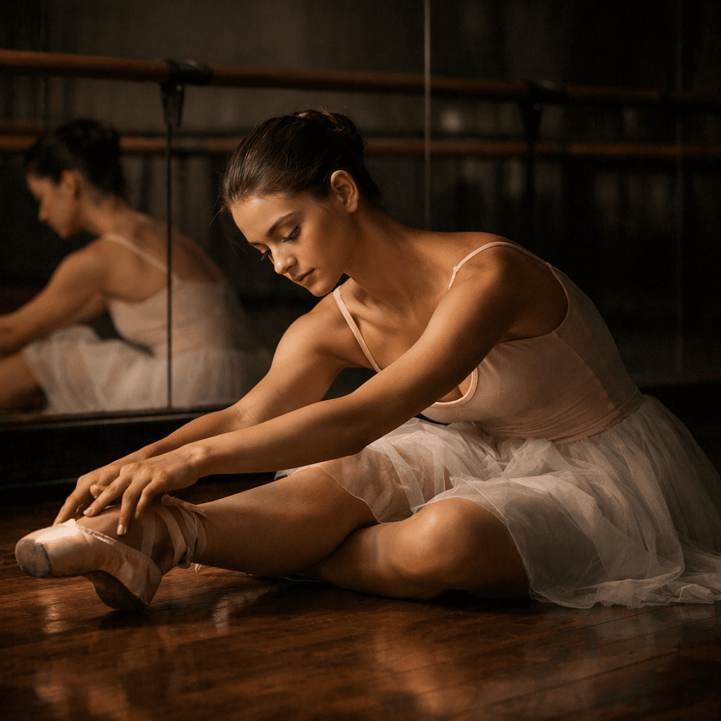 AI generated: a perfect study in lighting, a beautiful, young ballerina is sitting on a wooden floor, in front of ...