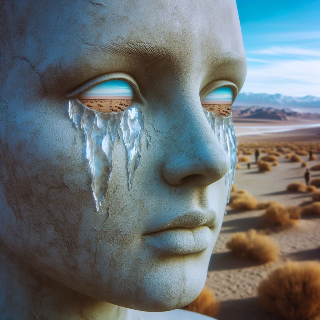 AI generated: Sculpt the face of loneliness, with empty eyes reflecting a desert landscape and crystallized tears ...