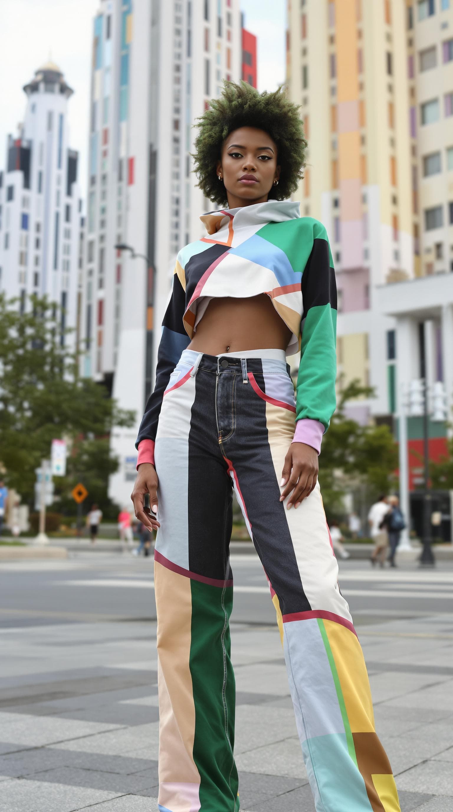 AI generated: modernist, Constructivist Fashion full body photo of a 24-year-old Anuak-Sinhalese female boho chic ...