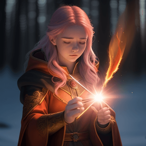AI generated: fire and Ice. look. Beautiful young female wizard, casting spells, fire, centered, embers, bokeh, le...