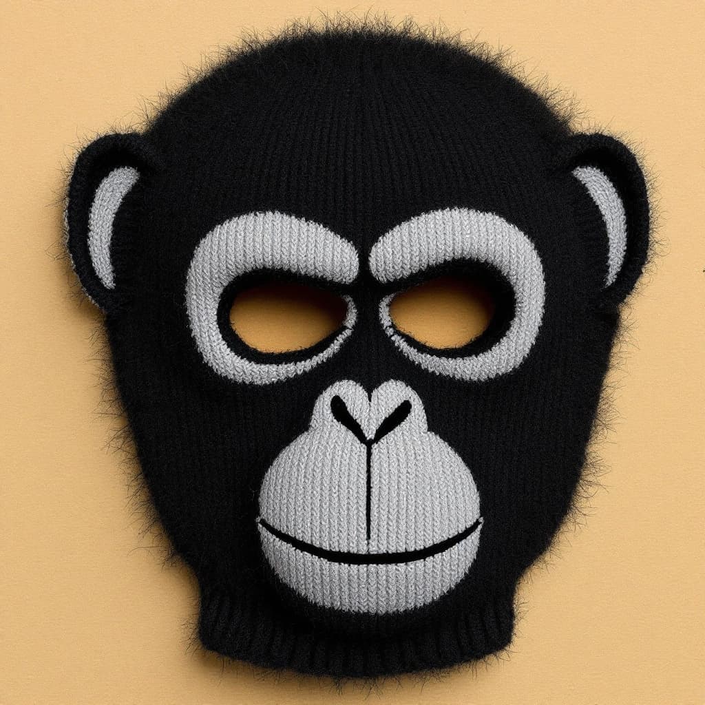 AI generated: a black ribbed knit skimask, two holes for the eyes, one hole for the mouth, painted chimpface on it...