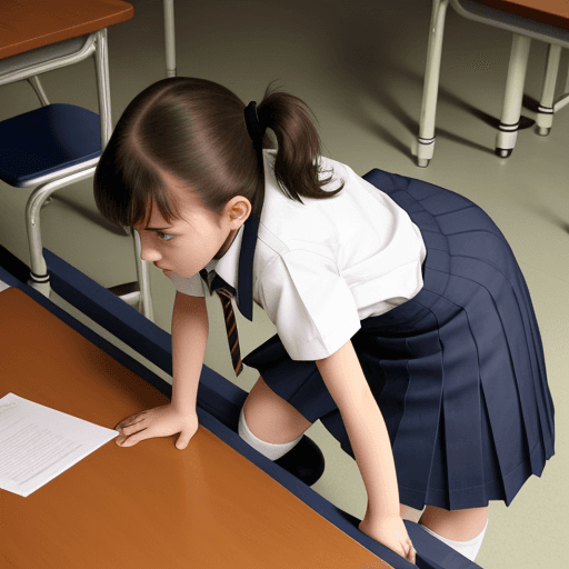AI generated: Young Girl Bend over a table and tied to IT, she IS wearing a school Uniform, she ist helpless, 