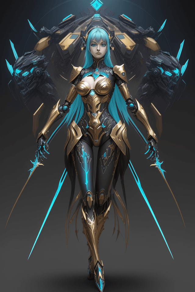 AI generated: a beautiful dmg female with swords, in the style of robotic expressionism, dark gold and dark cyan, ...