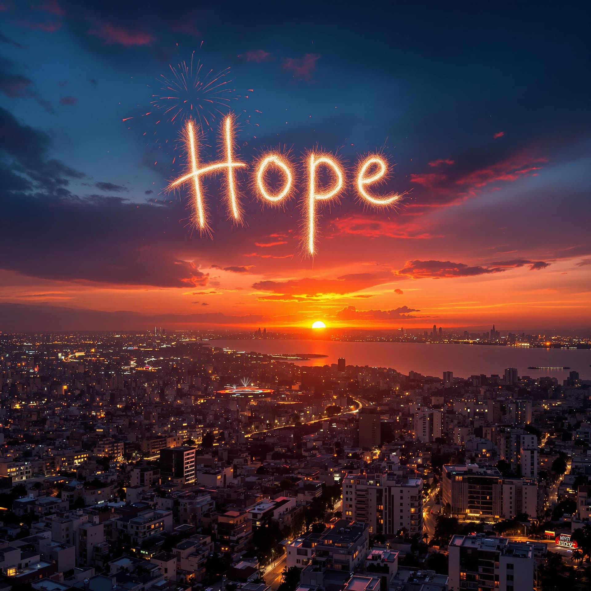 AI generated: Stunning Sunset over the city of Beirut, with the word "Hope" in the sky written with Fireworks