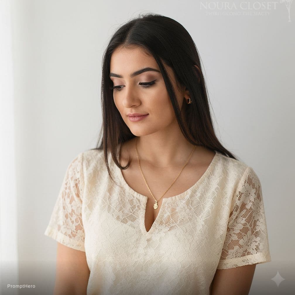 AI generated: Create a highly detailed, photorealistic image of a fit adult woman wearing a delicate cream-colored...