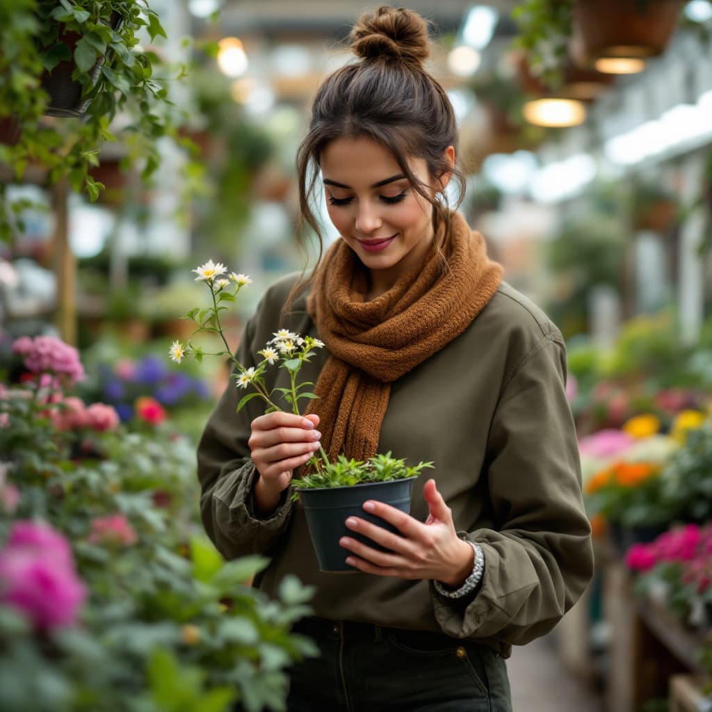 AI generated: the pertty female walking through a garden center. She picks up a small, fragile plant in a pot, the...
