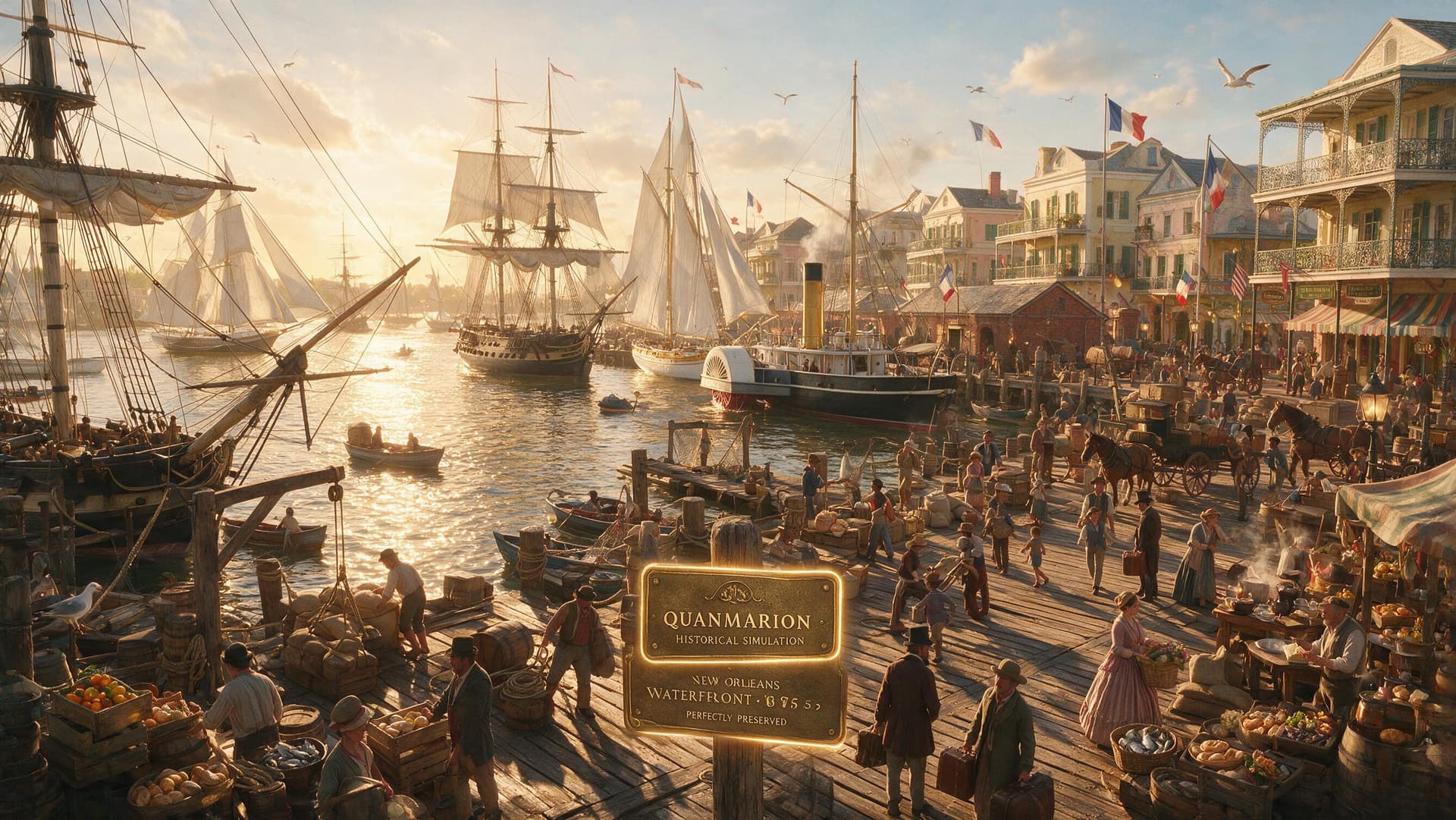 AI generated: Create a cinematic scene in 1875, New Orleans Pier. 

LOCATION — The New Orleans Pier
French Quarter...