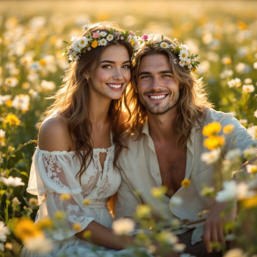 AI generated: 
"A breathtaking scene of a young couple sitting together in a sunlit meadow filled with blooming wi...