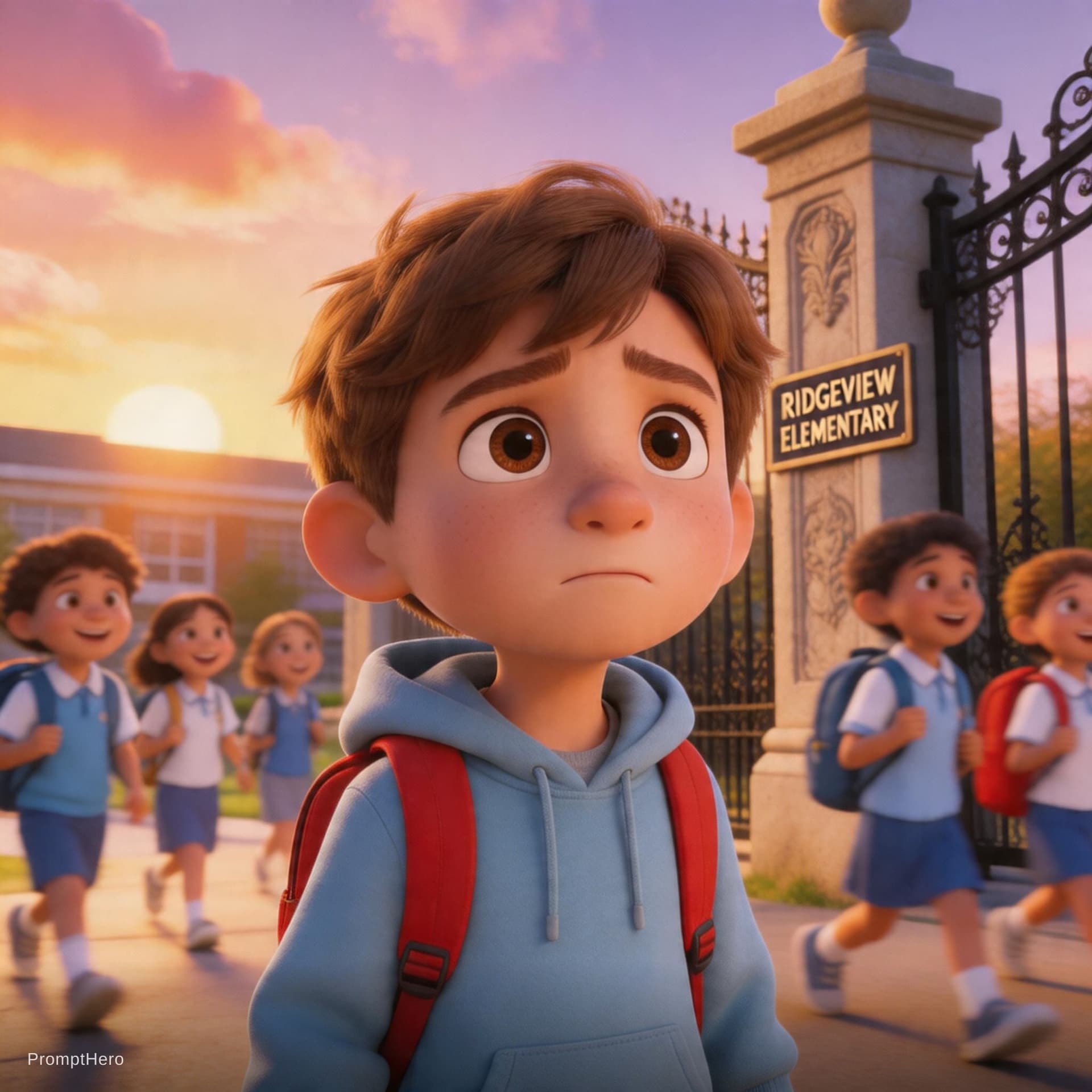 AI generated: Pixar-style cute boy with large expressive eyes, 6 years old, looking lost and slightly sad, standin...