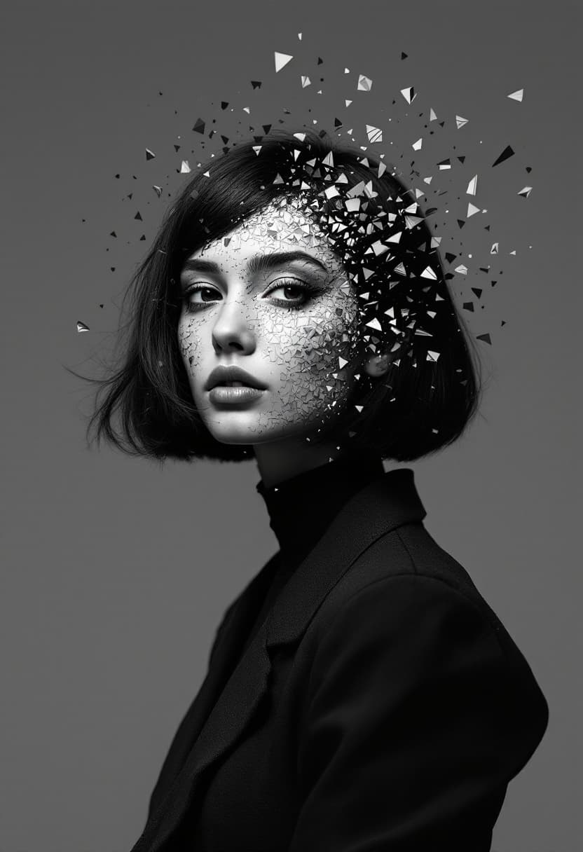 AI generated: hyper-realistic black and white figure portrait of a woman, black hair, styled in a conservative loo...