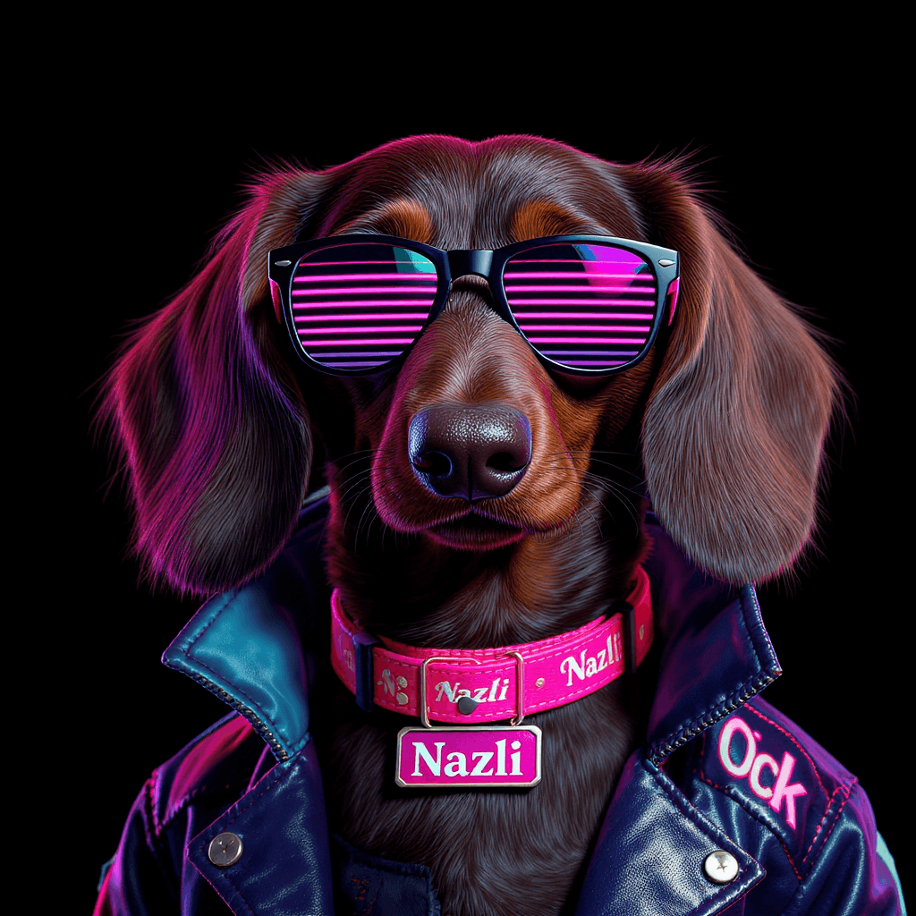 AI generated: portrait of a cartoon dachshund chocolate color, wearing sunglasses, a pink collar with the name [Na...