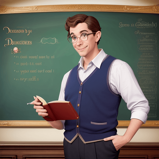 AI generated: Create a charming Disney-inspired scene featuring a male teacher engaging in a lesson on punctuation...