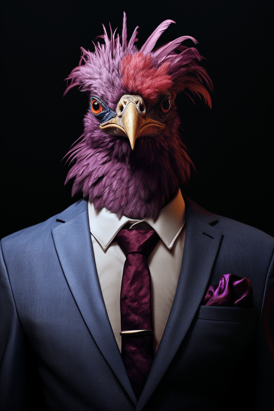 AI generated: bird wearing suit and tie, in the style of oliver wetter, violet and red, sumatraism, ultrarealistic...