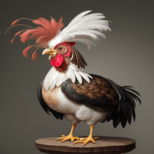 AI generated:  a chicken wearing beautiful feathered hat on front, in the style of lois greenfield, realistic scul...