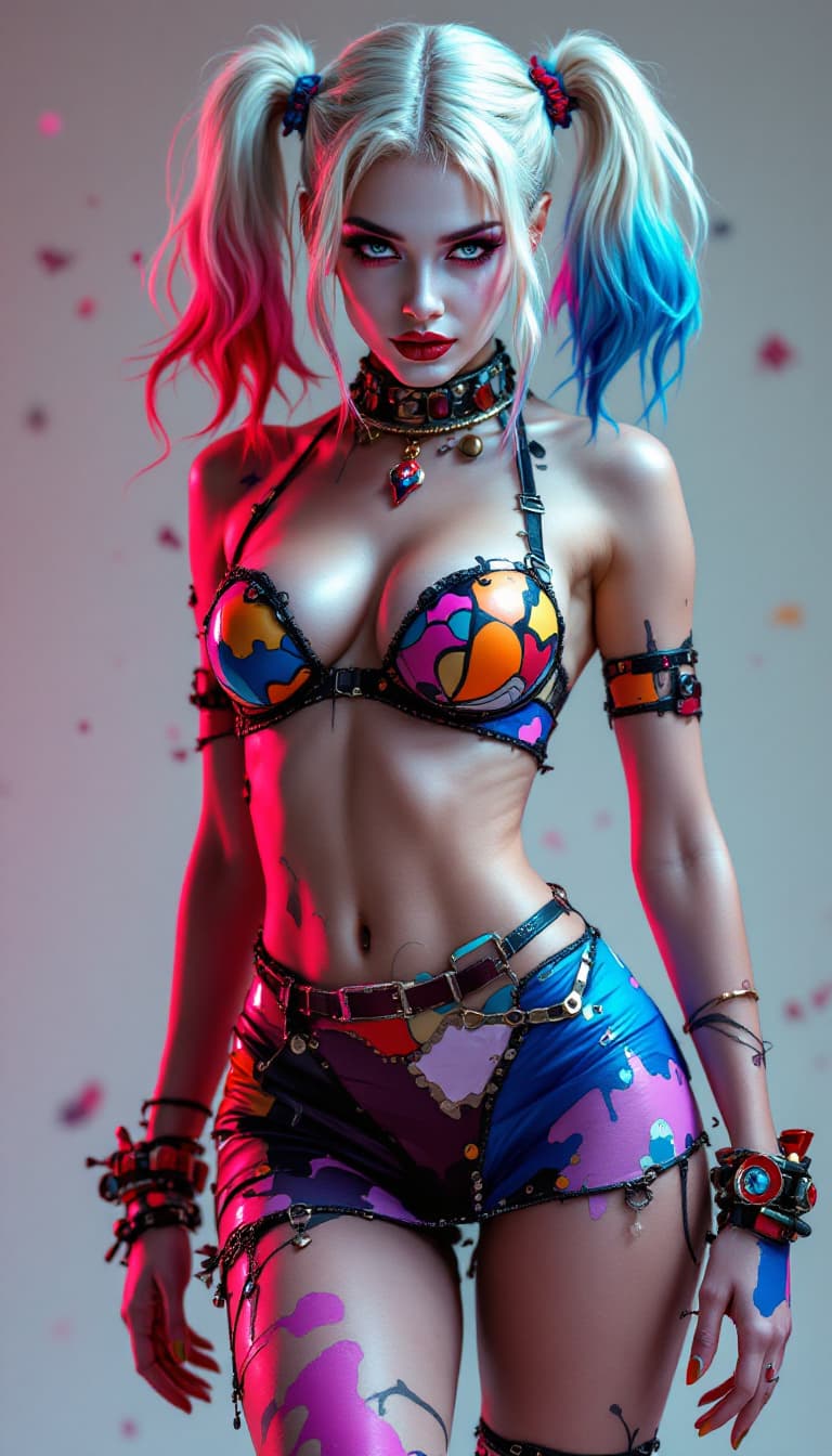AI generated: A stunning masterpiece of a Harley Quinn portrayal blending surreal elements and vibrant color with ...