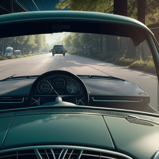 AI generated: Through the windshield cinematic shot of an animated butterfly in the driver's seat of a VW, ultrare...