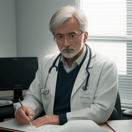 AI generated: Doctor, working at an office York City, using a Nikon Z7 II with a 50mm f/1.4 lens, set lens apertur...