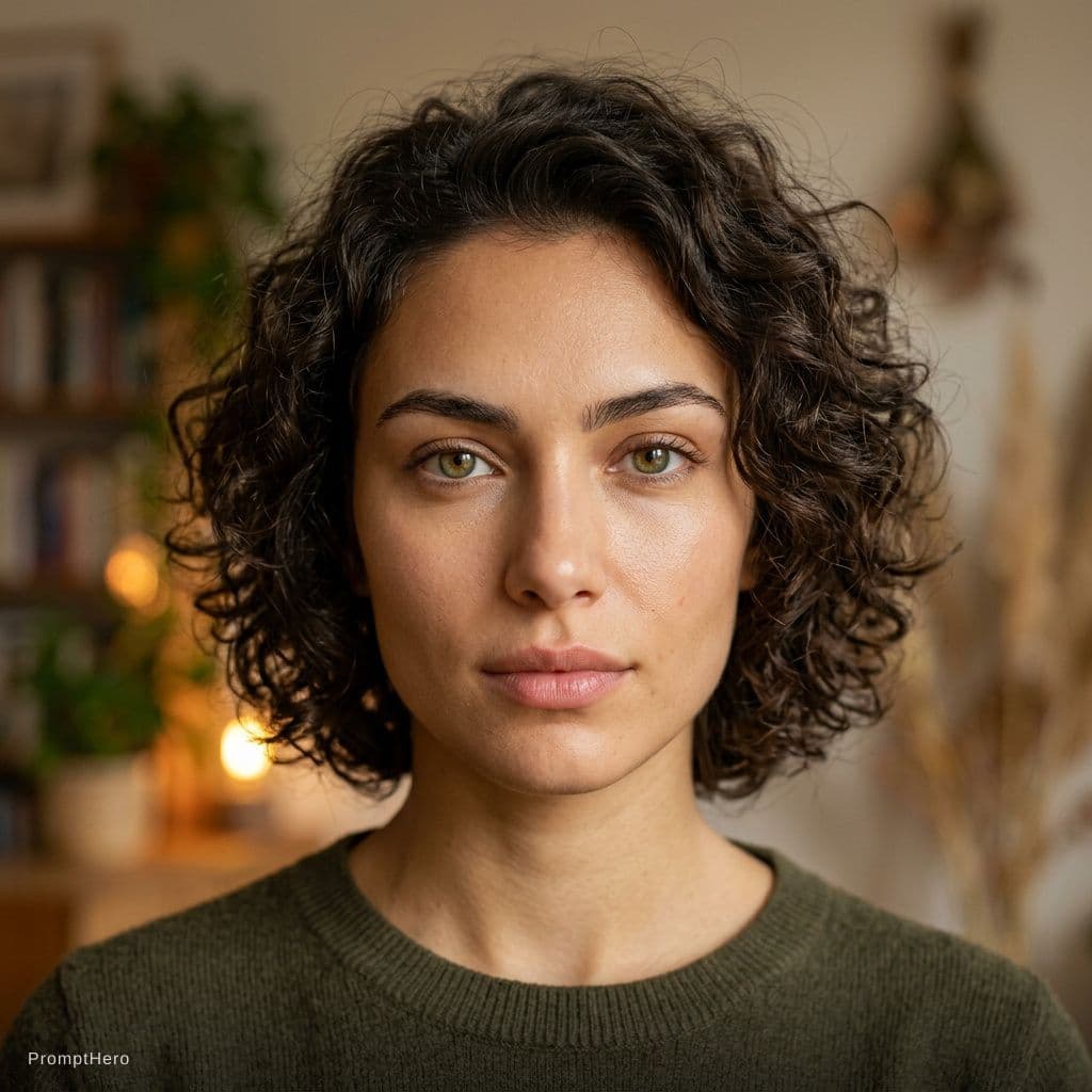 AI generated: Ultra-realistic portrait of a 22 years old woman with striking hazel-green eyes, intense and symmetr...