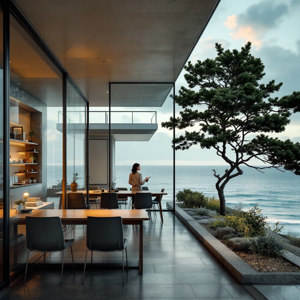 AI generated: Hyper realistic eye level exterior photo of a mid century modern style house overlooking the ocean, ...
